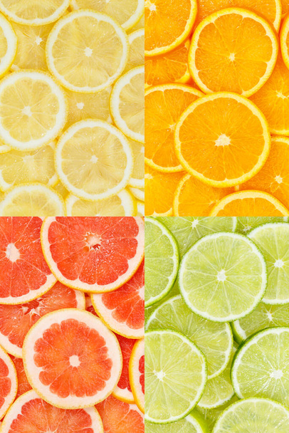 Citrus fruits oranges lemons food background portrait format collection collage set fruit backgrounds - Photo, Image