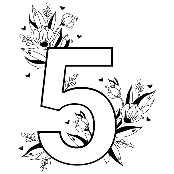 Flower number. Decorative floral pattern numbers five. Big 5 with flowers, buds, branches, leaves and hearts. Vector illustration on white background. Line, outline. For greeting cards, design, decor - Vector, Image