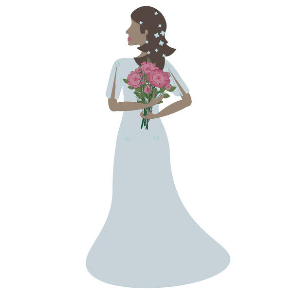 Νύφη σε λευκό μακρύ φόρεμα με μπουκέτο λουλούδια στα χέρια της - Διάνυσμα, εικόνα