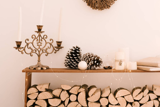 Christmas interior decor with logs and vintage items - Photo, Image