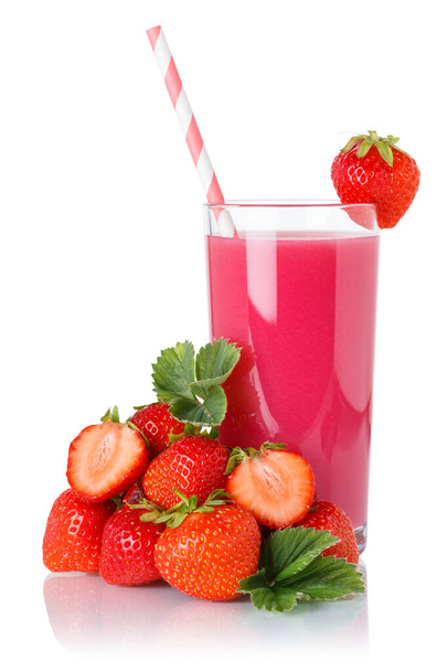 Strawberry smoothie fruit juice drink straw strawberries in a glass isolated on a white background - Фото, зображення