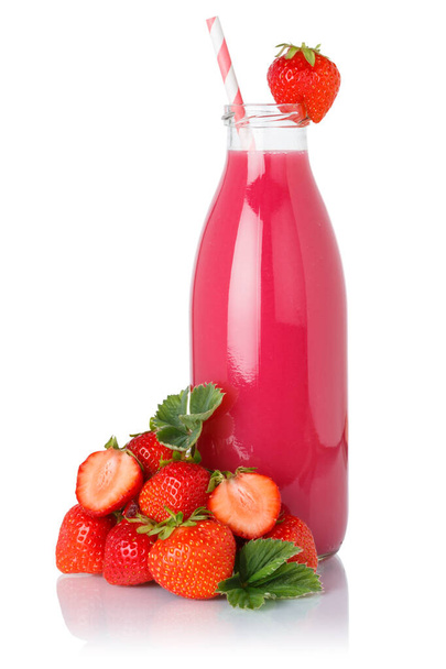 Strawberry smoothie fruit juice drink straw strawberries in a bottle isolated on a white background - Фото, зображення