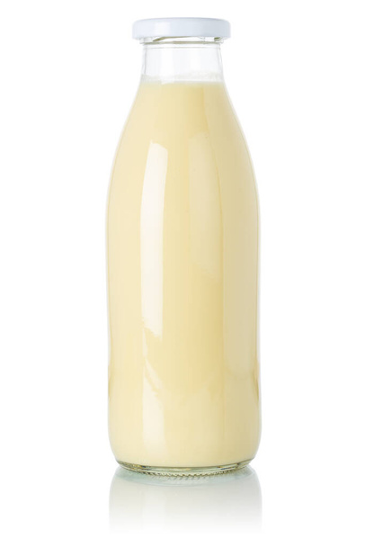 Banana smoothie fruit juice drink milkshake milk shake in a bottle isolated on a white background - Fotó, kép