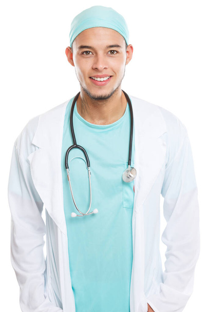Young doctor smiling happy face upper body occupation job isolated on a white background - Foto, Imagen