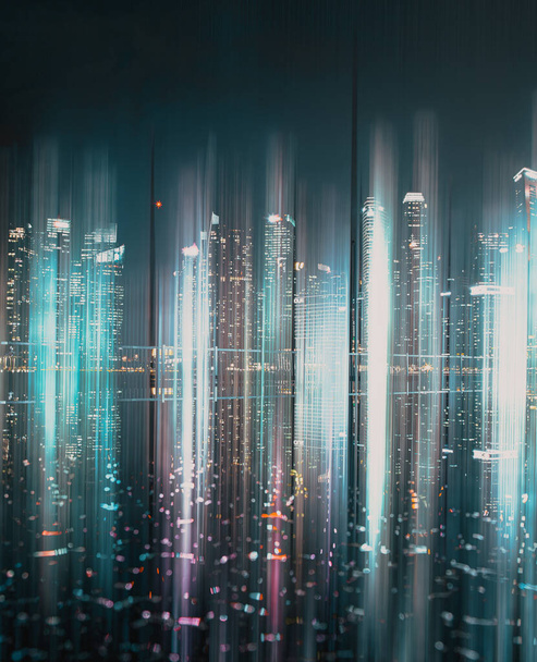 abstraktní zázemí rozmazaných mrakodrapů v noční obchodní a technologické koncepci - Fotografie, Obrázek