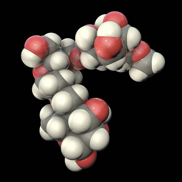 Молекула Пуллулана, 3D иллюстрация. Полисахаридный полимер, состоящий из блоков мальтотриозы, используемых в производстве средств гигиены полости рта, пуллуланских наноматериалов с противомикробной активностью - Фото, изображение