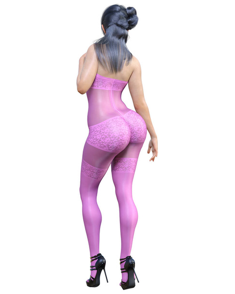 3D render beautiful sexy japanese girl pink bodystocking.Curves shape girl.Woman studio photography.High heel.Conceptual fashion art.Seductive candid pose.Summer intimate clothes. - Zdjęcie, obraz