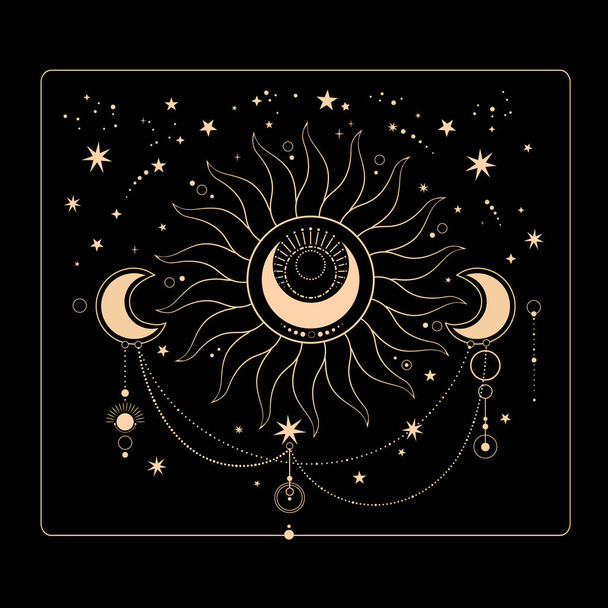 мистический эзотерический золотой состав сияющего солнца - Вектор,изображение