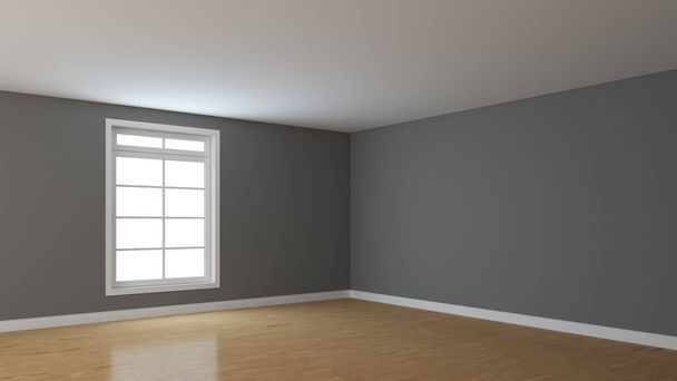 Canto vazio com paredes cinzentas, janela branca, parquet e um pano branco - Foto, Imagem