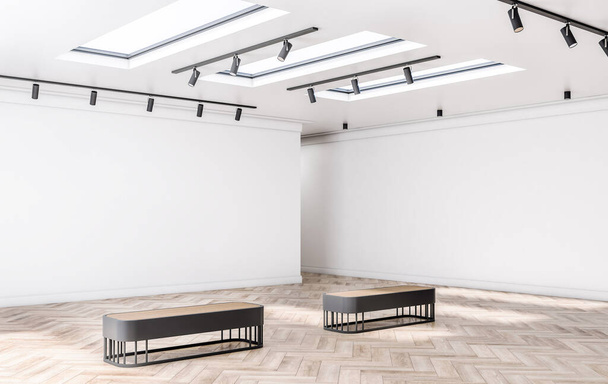 Soleados tonos de luz vacíos galería de arte con paredes blancas en blanco con espacio para su logotipo, ventanas y focos negros en el techo y bancos en el suelo de parquet de madera. Representación 3D, maqueta - Foto, imagen