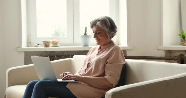 Yaşlı kadın dizüstü bilgisayarla koltukta oturuyor ve internet iletişiminin keyfini çıkarıyor. - Video, Çekim