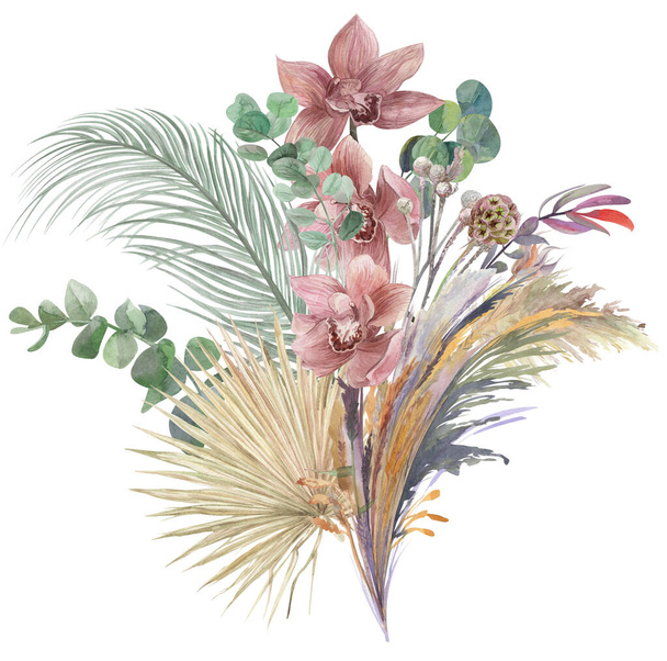Акварельный букет сушеных цветов для создания открыток с орхидеями - Фото, изображение