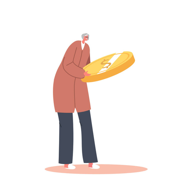 Concepto de Pensiones, Riqueza y Jubilación. Pequeña mujer mayor con una enorme moneda de oro. Crecimiento de la inversión, inversor con dinero - Vector, imagen