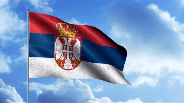 Flagge Serbiens. Bewegung. Der Wind weht die Fahne in den blauen Himmel mit Wolken. - Foto, Bild