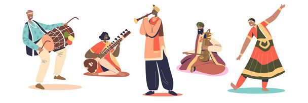 Σύνολο Ινδών καλλιτεχνών άνδρες μουσικοί που παίζουν σε παραδοσιακά μουσικά όργανα και χορευτές - Διάνυσμα, εικόνα