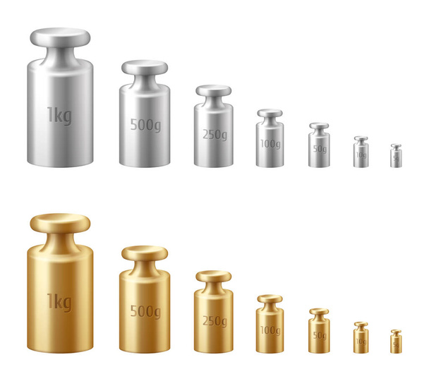 Calibration weights realistic isolated set. Golden and silver precision 3d weight for balance scales - Vector, Image