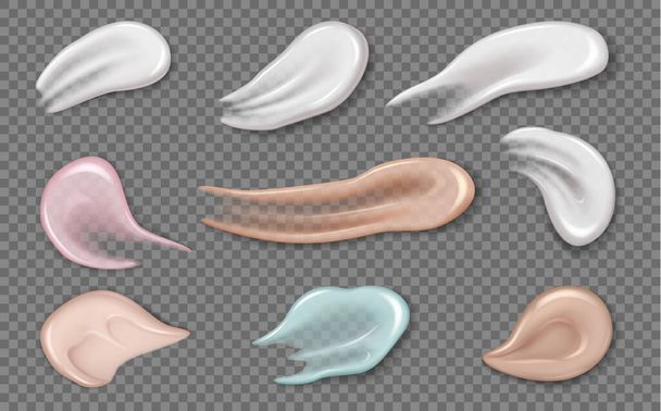 Set of colorful cosmetic cream smears texture. Realistic skin cosmetic cream, gel or foam drop - Vector, Image