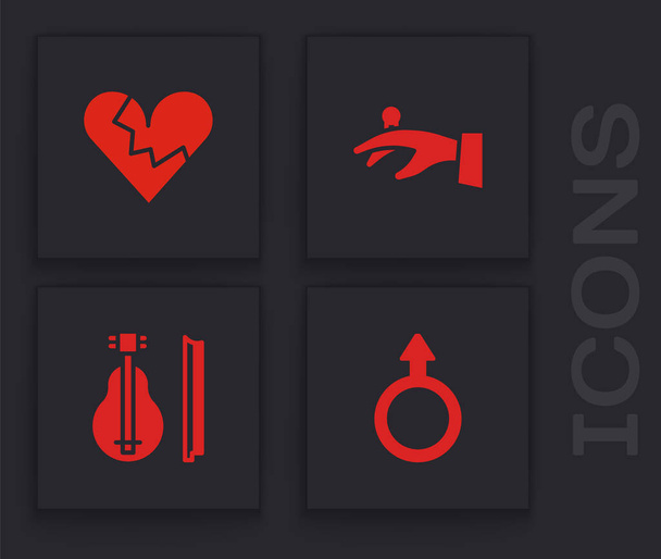 Set Símbolo de género masculino, Corazón roto o divorcio, Anillos de boda en la mano e icono de violín. Vector - Vector, imagen