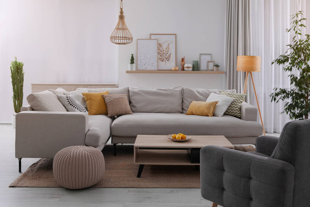 Stylish living room interior with comfortable grey sofa and coffee table - Valokuva, kuva