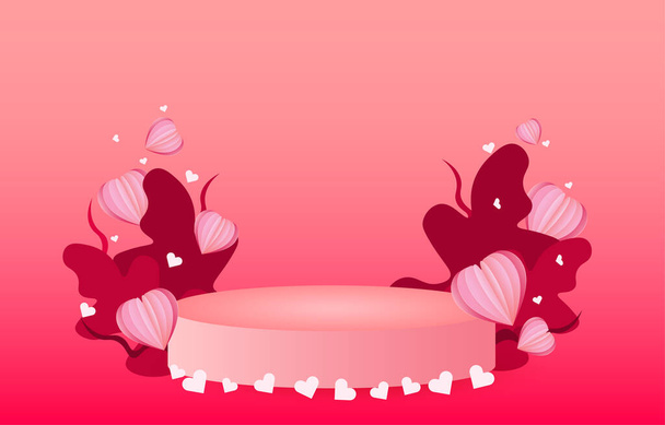 Koncepcja Walentynek. Ilustracja wektora. słodki czerwony i różowy papier cięte serca z okrągłym cokołem. Ładny baner sprzedaży miłości lub kartka okolicznościowa - Wektor, obraz