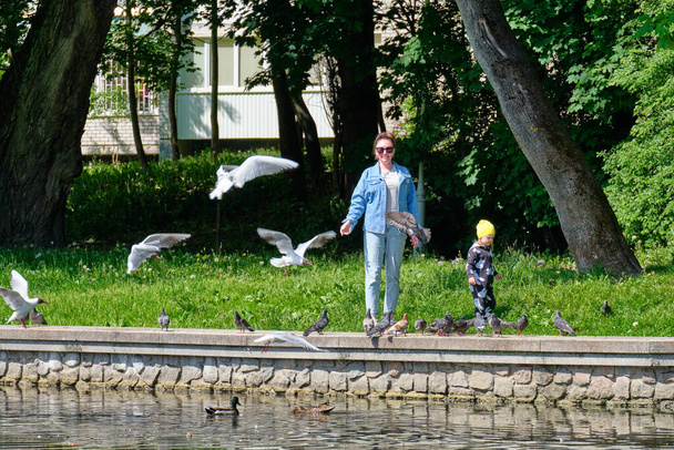 Mom and daughter are feeding bread crumbs to pigeons on the city pond - Photo, Image