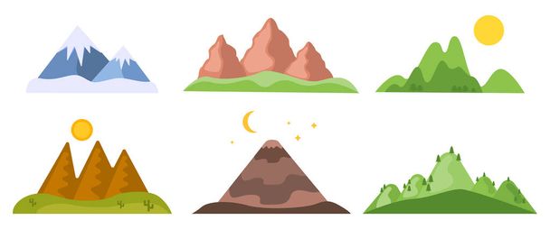 Montanhas definir deserto, vulcão, picos nevados, floresta - Vetor, Imagem