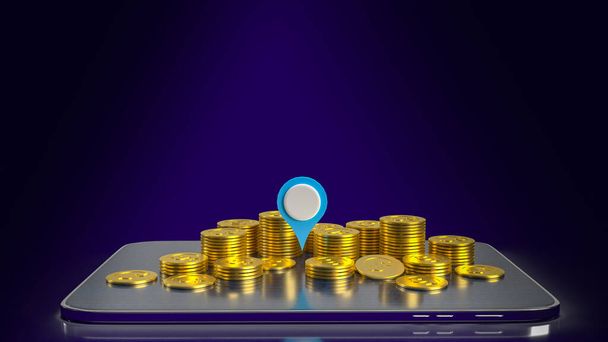 kontrolní bod a zlaté mince na tabletu pro obchodní koncept 3d rendering - Fotografie, Obrázek