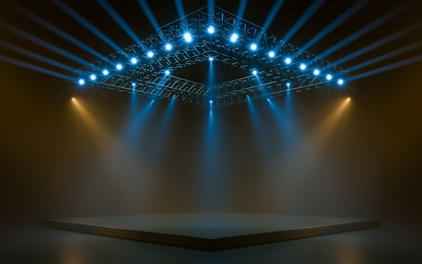 Sahnede ışıklandırma teçhizatı olan boş bir sahne. Sahne ışıkları sahnede parlıyor. 3d oluşturma - Fotoğraf, Görsel