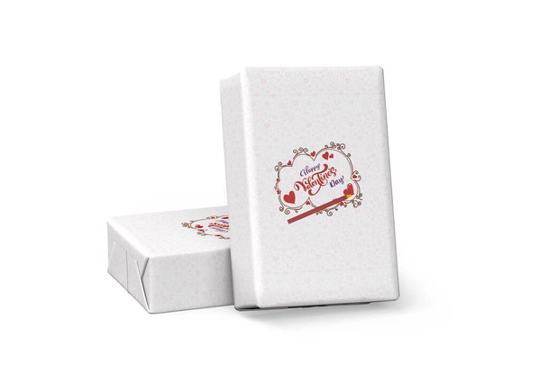Valentine's day gift - cardboard wrapped in paper with valentine theme on white background - 3d render - copy space - Valokuva, kuva