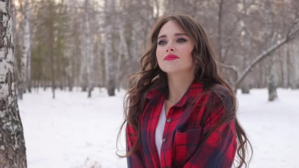 Encantadora hembra con el pelo largo caminando en el bosque nevado - Metraje, vídeo