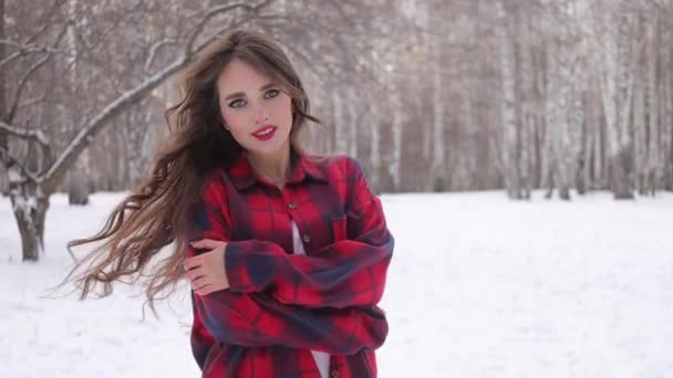 Nő kockás ingben sétál a havas parkban - Felvétel, videó