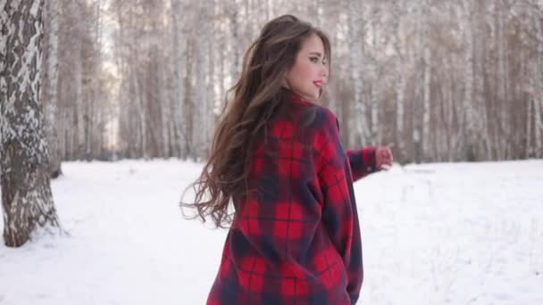 Nő kockás ingben sétál a havas parkban - Felvétel, videó