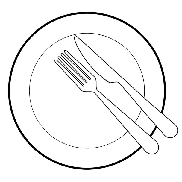 Тарелка со столовыми приборами, символ меню, закуски или ресторан, иконка на белом фоне - Фото, изображение