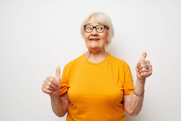 Photo of retired old lady health lifestyle eyeglasses treatment isolated background - Фото, изображение