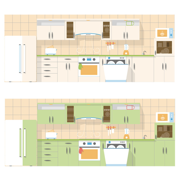 kuchyň s výhledem na nábřeží v ploché rozložení designu, sada dvou barev - Vektor, obrázek