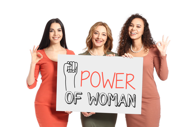 Gyönyörű nők kezében poszter szöveges POWER Nő fehér háttérrel. Nemzetközi nőnapi ünneplés - Fotó, kép