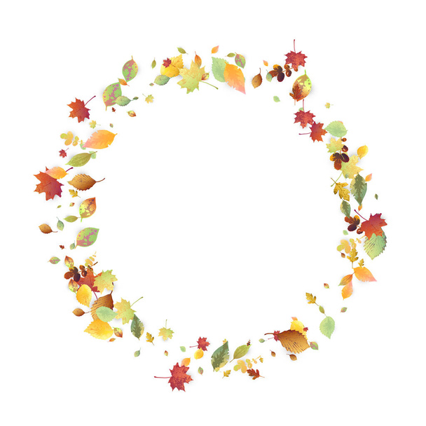 Leaves Falling. Autumn Flying Foliage. Chaotic Green, Yellow, Red Leaf Flying On White Background. Forest Design, Nature Elements. Ecology Vector Illustration. Environment Backdrop. - Vektori, kuva