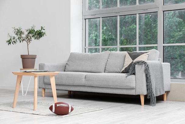 Stylish living room with sofa near window and rugby ball on floor - Fotó, kép