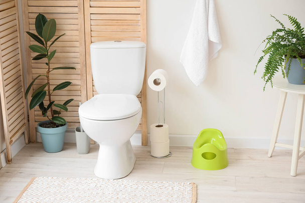Interior of modern restroom with toilet bowl, holder with paper rolls, green potty and houseplants - Photo, image