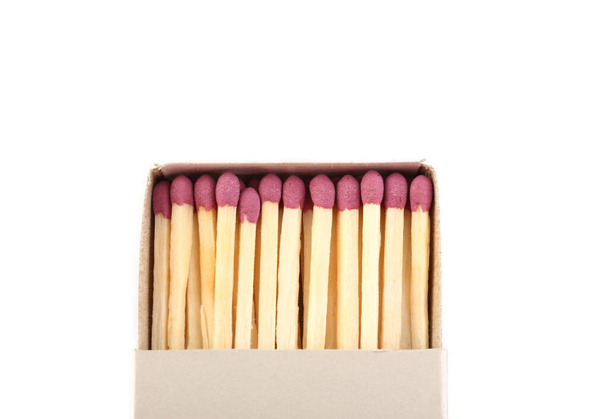 Opened matchbox with matches on white background, closeup - Foto, imagen
