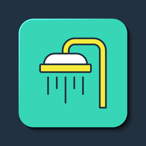 Plný obrys Sprcha hlava s kapkami vody tekoucí ikona izolované na modrém pozadí. Tyrkysové čtvercové tlačítko. Vektor - Vektor, obrázek