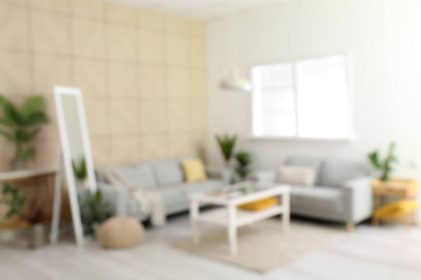 Vista borrosa de la moderna sala de estar con cómodos sofás y espejo - Foto, imagen