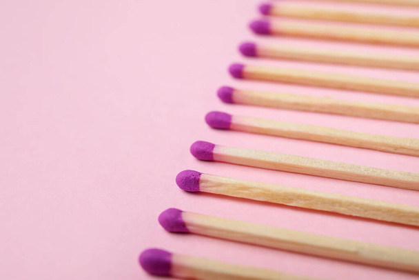 New matchsticks on pink background, closeup - Photo, Image