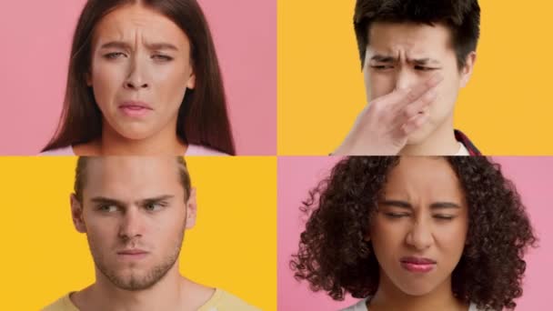 Vielfältige Menschen, die sich schlecht riechen, gelber und pinkfarbener Hintergrund, Collage - Filmmaterial, Video