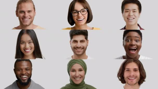Monipuolinen ihmiset muotokuvia Happy Millennials valkoisilla taustoilla, kollaasi - Materiaali, video