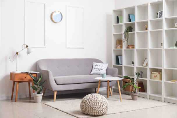 Sisustus tyylikäs olohuone harmaa sohva ja hyllyt yksikkö - Valokuva, kuva