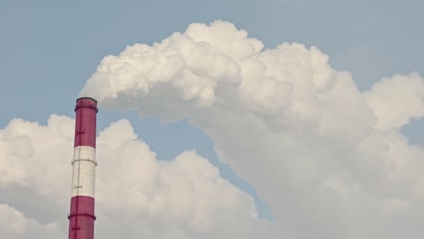 Nahaufnahme weißer Rauch aus den Schornsteinen eines Wärmekraftwerks gegen den Himmel - Filmmaterial, Video