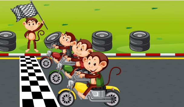 Circuit scène met apen rijden motorfietsen illustratie - Vector, afbeelding