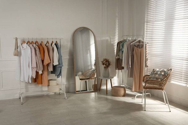 Modern dressing room interior with stylish clothes and beautiful dry flowers - Foto, Imagem