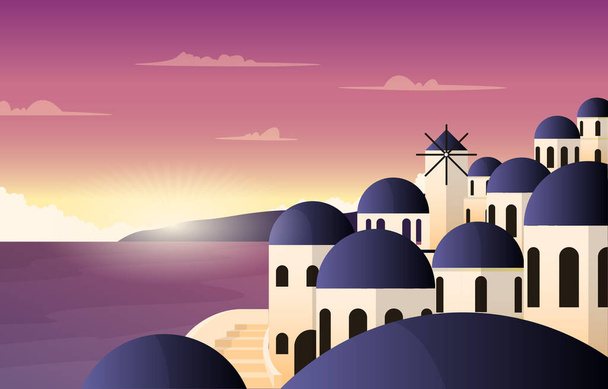 Ανατολή Ηλιοβασίλεμα Σαντορίνη Θάλασσα Ελληνικές Καλοκαιρινές διακοπές Ταξίδια Τουρισμός Προβολή - Διάνυσμα, εικόνα